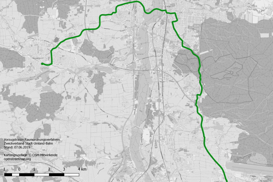 Grafik der Vorzugstrasse der Stadt-Umland-Bahn., Bild © Zweckverband Stadt-Umland-Bahn
