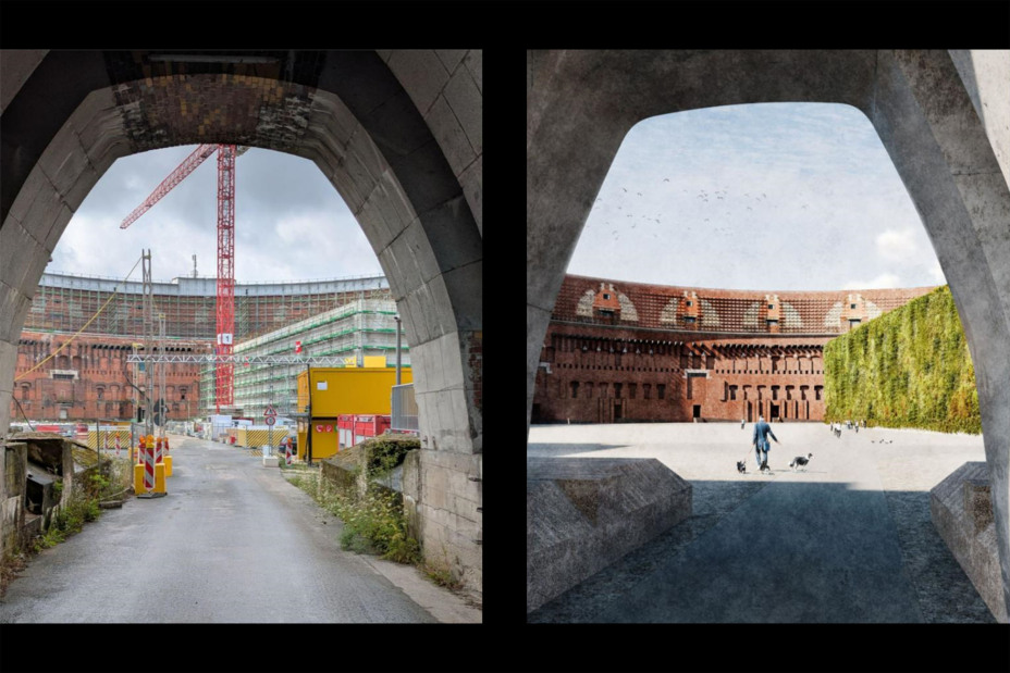 Bild © Georg Reisch GmbH & Co. KG und LRO GmbH & Co. KG Blick in den Innenhof der Kongresshalle: Links ein Foto des Rohbaus, rechts die Visualisierung des fertiggestellten und begrünten Ergänzungsbaus., Bild © Georg Reisch GmbH & Co. KG und LRO GmbH & Co. KG