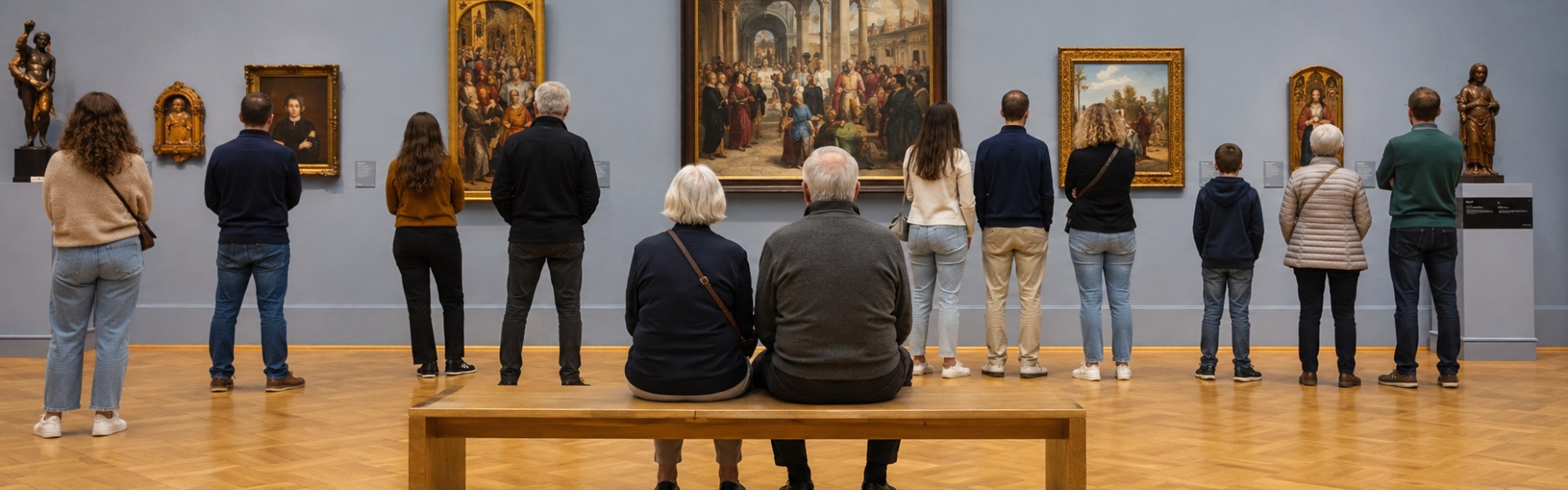 Senioren Ehepaar sitz auf einer Bank und betrachtet ein Gemälde in einer Kunstausstellung im Museum