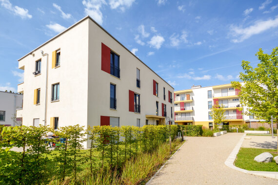 Häuserblock mit Büschen und Gehweg