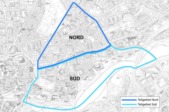 Karte des Stadtteils Wöhrd, auf der die Teilgebiete Nord und Süd eingezeichnet sind.