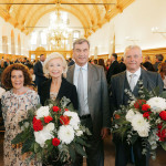 Nürnbergs Oberbürgermeister Marcus König, Laudatorin Dr. Rachel Salamander, Ehrenbürgerin Prof. Dr. Julia Lehner, Laudator Ministerpräsident Dr. Markus Söder und Ehrenbürger Dr. Ulrich Maly (v. l. n. r.) beim Festakt im Historischen Rathaussaal.
