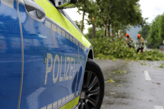 Polizeiauto in der Nähe eines umgestürzten Baumes auf der Straße.